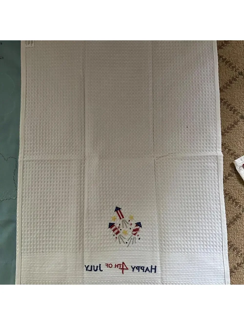 Sur La Table Embroidered Appliqué BBQ Time Tea Towel w 2 firecracker dish towels